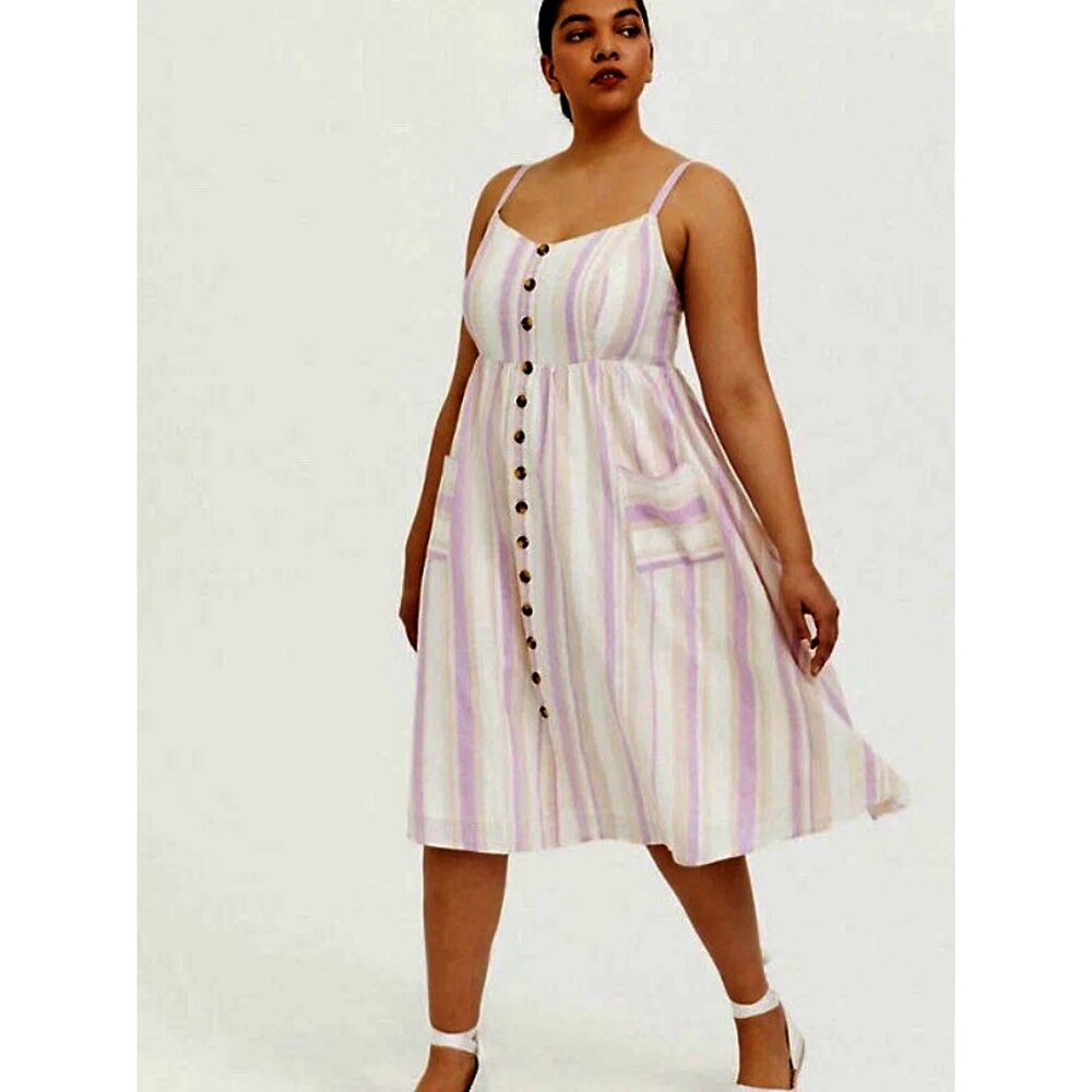 Torrid Midi Linen Striped Button-Front Dress - image 1